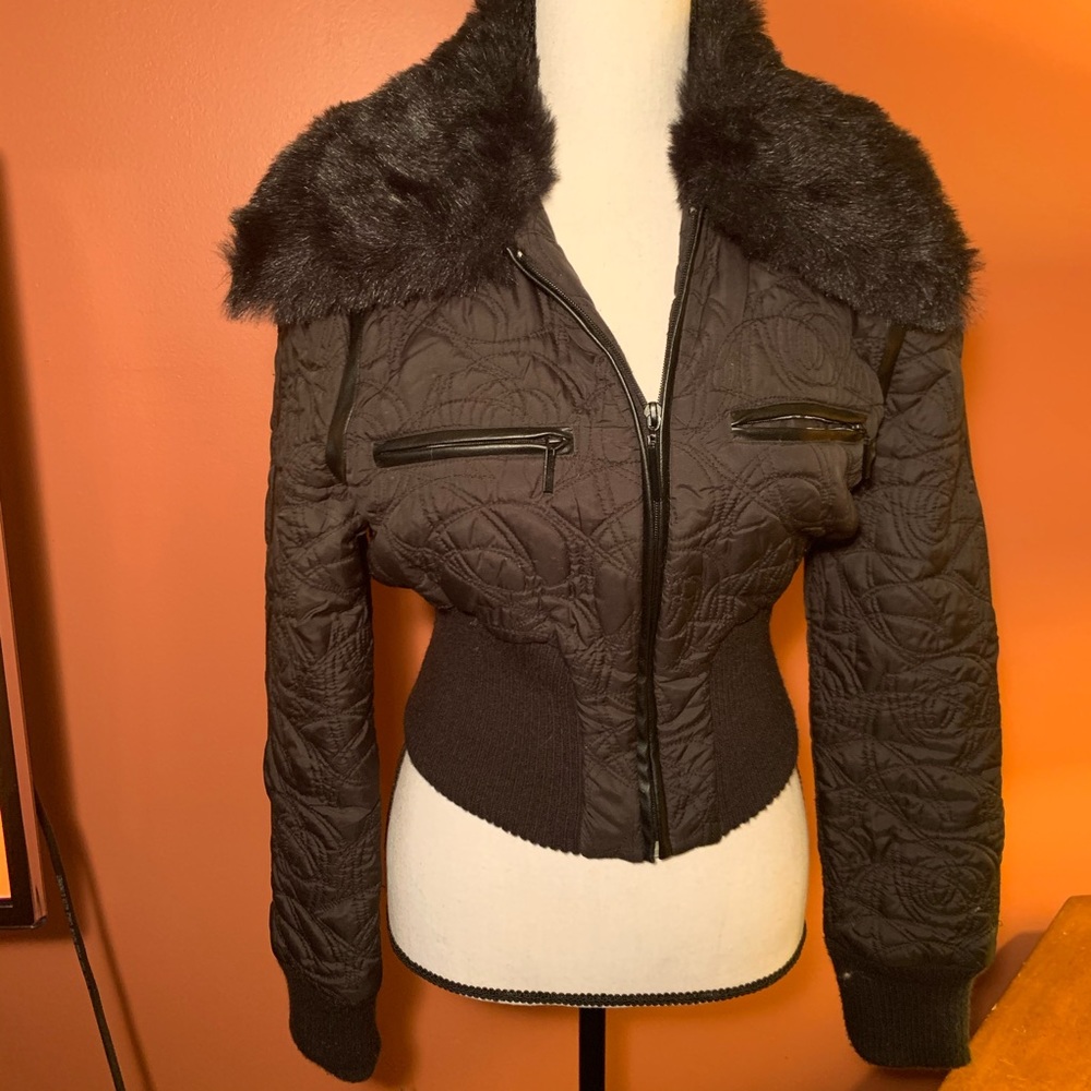 Mudd Black Fur Trim Quilted Jacket